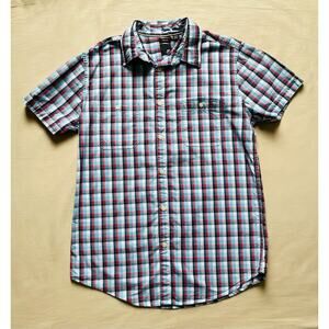 J Ferrar Slim Fit Short Sleeve Blue And Red Plaid Button Down Shirt Size Medium